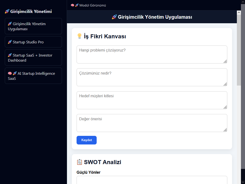 Girişimcilik Yönetim Kontrol Paneli